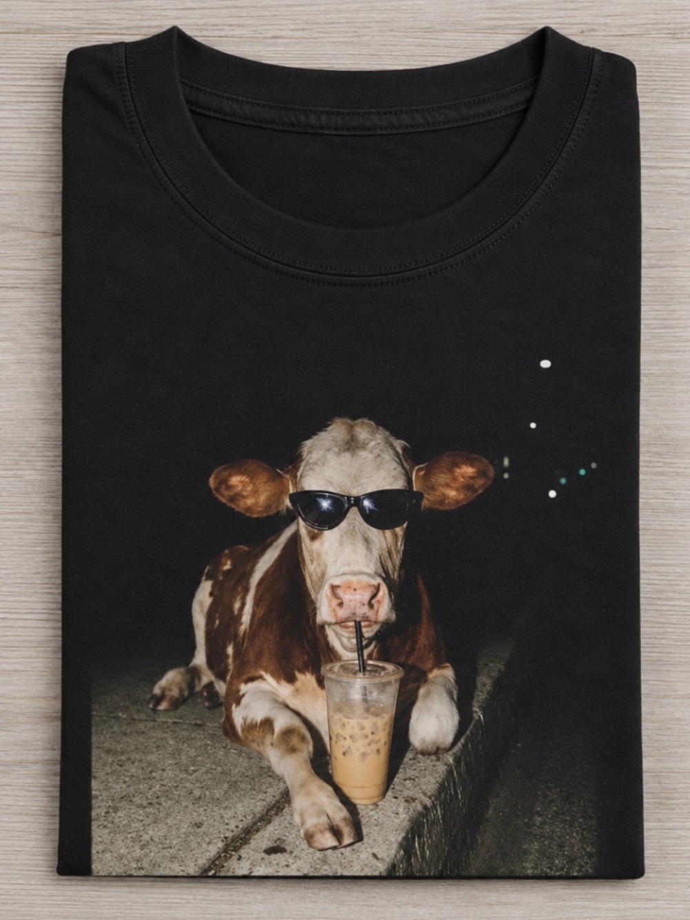 Vintage Black Funny Cow Graphic Tee with Sunglasses Print